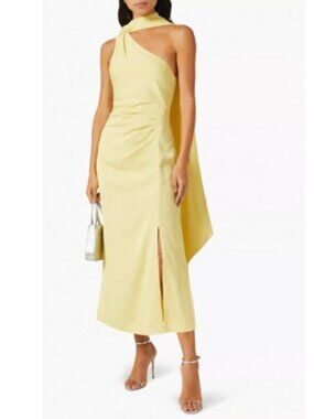 Misha Estra One Shoulder Cocktail Midi Dress Venetian Gold Yellow 10